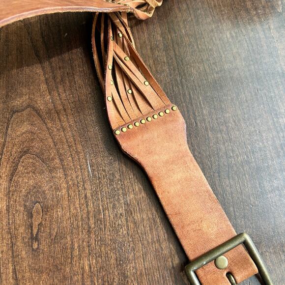 Tan Multi Strap Studded Tan 2 1/2" Leather Belt BUCKLE SZ Medium - Picture 5 of 7